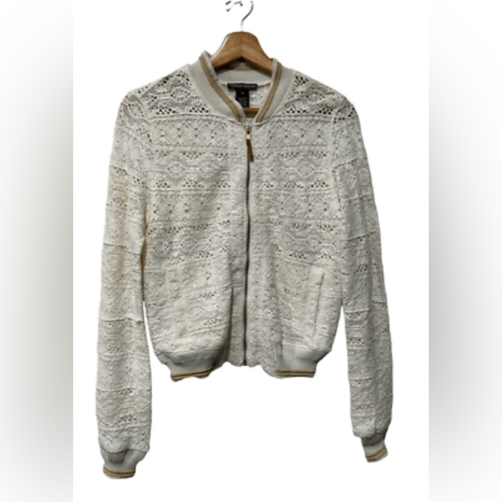 Chelsea & Theodore Anthropologie Cream Lace Knit crochet Bomber Jacket size S